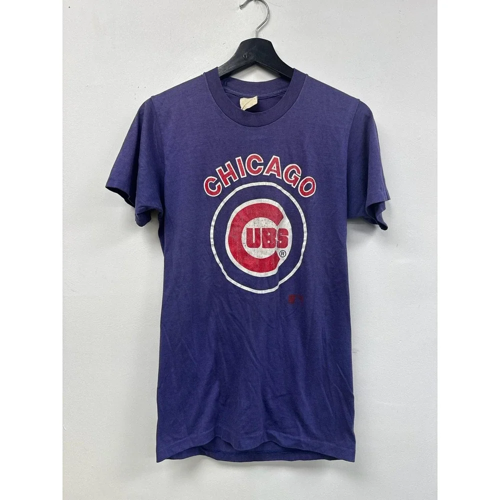 Vintage‎ Chicago Cubs Shirt Mens Small Blue MLB Baseball Graphic Tee 80s Faded